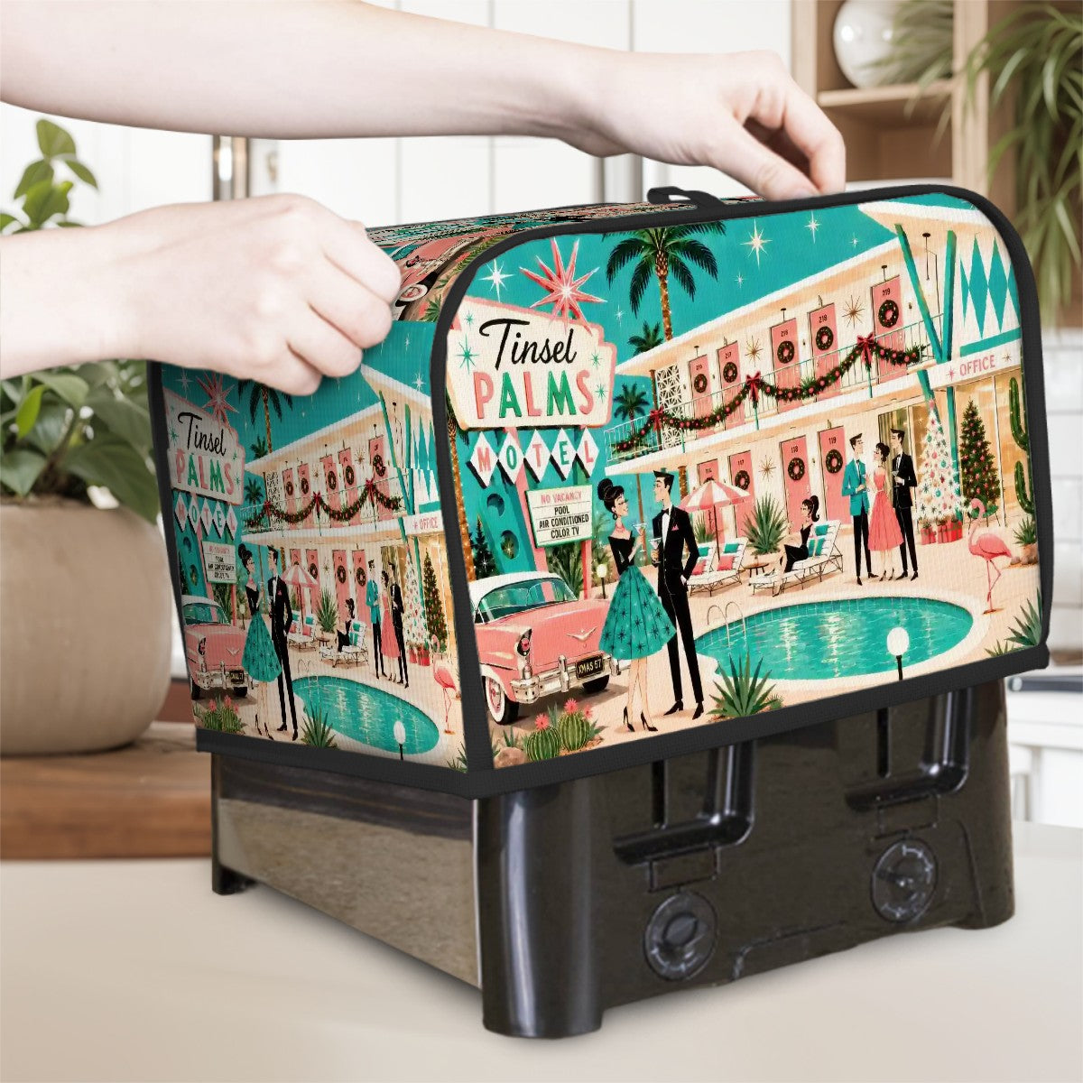 Palm Springs Mid Century Christmas Tinsel Palms Motel Toaster Cover