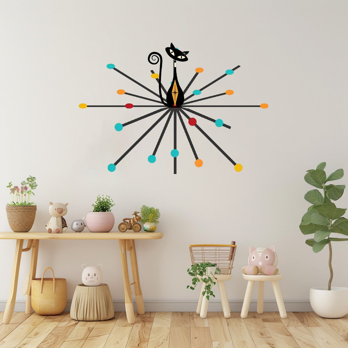 Mid Century Modern Atomic Cat Vinyl Wall Sticker, Retro Starburst Decal, 50s Style Wall Decor