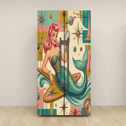 Kitschy 1950s Retro Mermaid Atomic Starburst Refrigerator Wrap