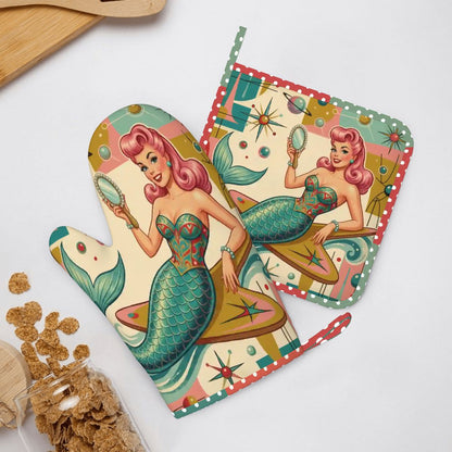 1950s Retro Mermaid Atomic Starburst Oven Mitt Pot Holder Set (Right)