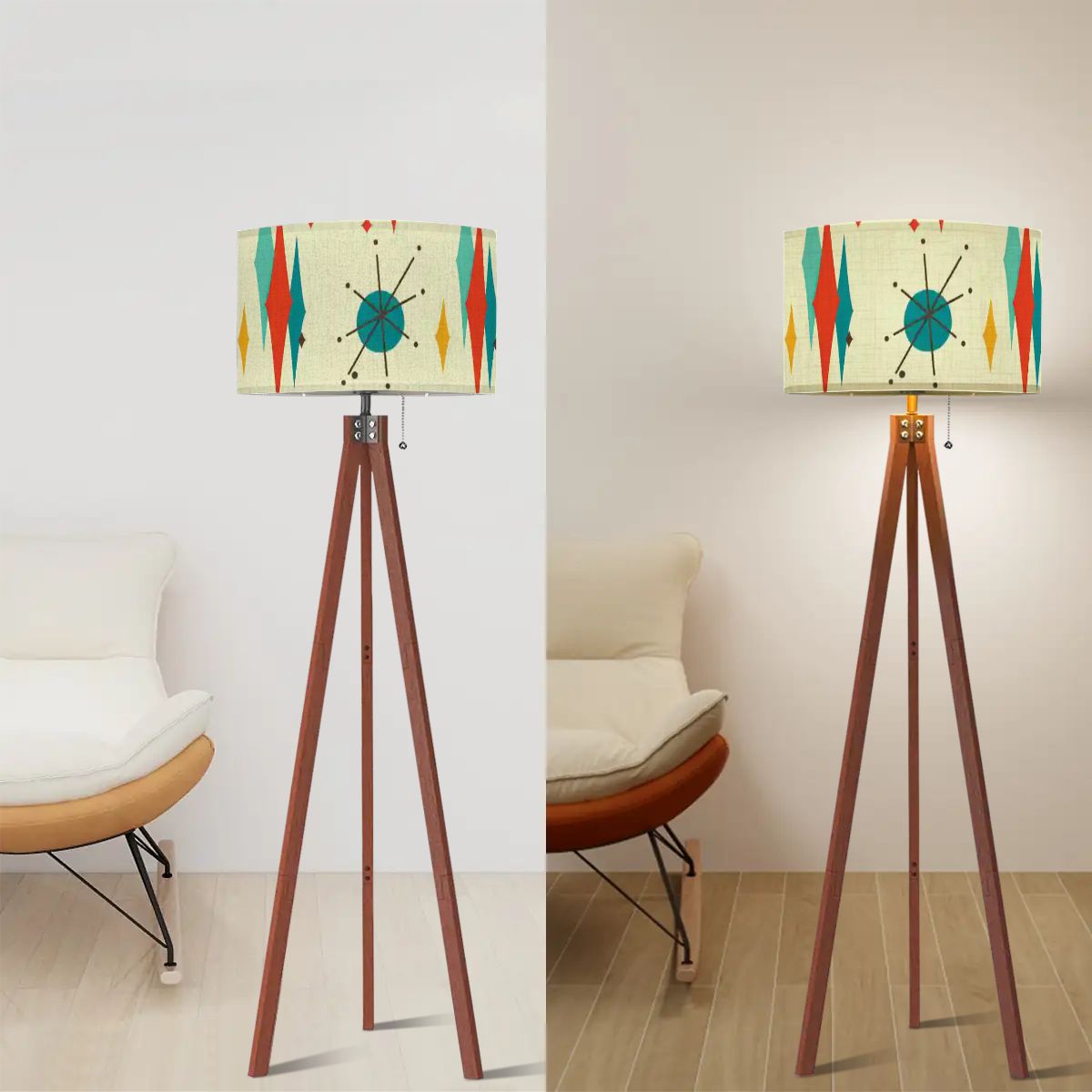 Mid Century Modern Franciscan Diamond Starburst Tripod Floor Lamp