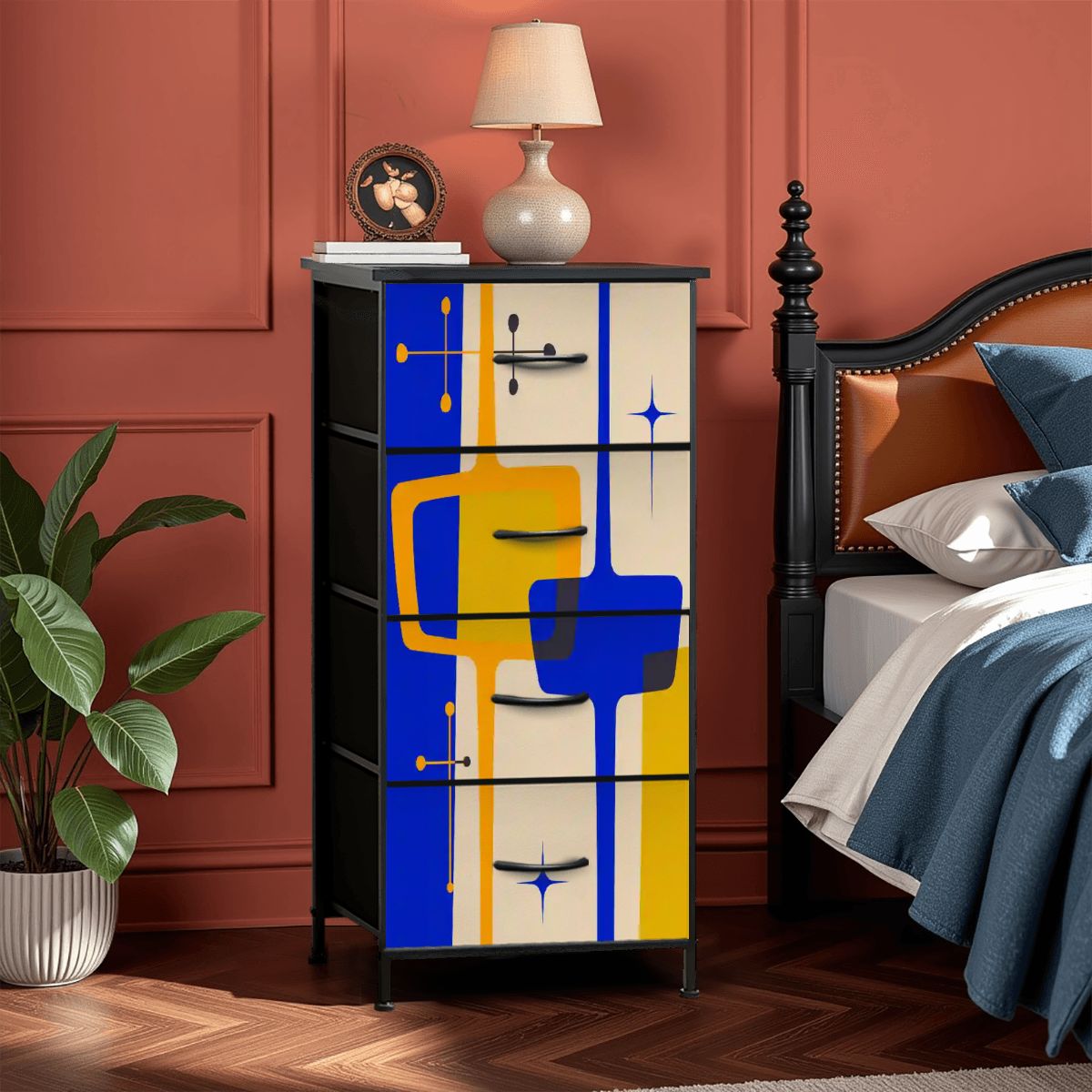 Atomic Age Retro Abstract Starburst Mid Century Modern 4 Drawer Dresser