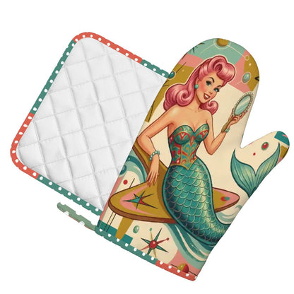 1950s Retro Mermaid Atomic Starburst Oven Mitt Pot Holder Set (Left)