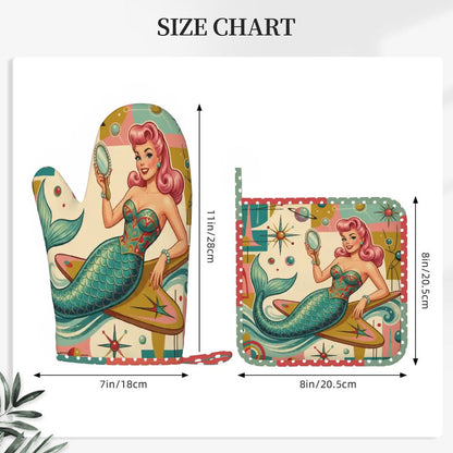 1950s Retro Mermaid Atomic Starburst Oven Mitt Pot Holder Set (Right)