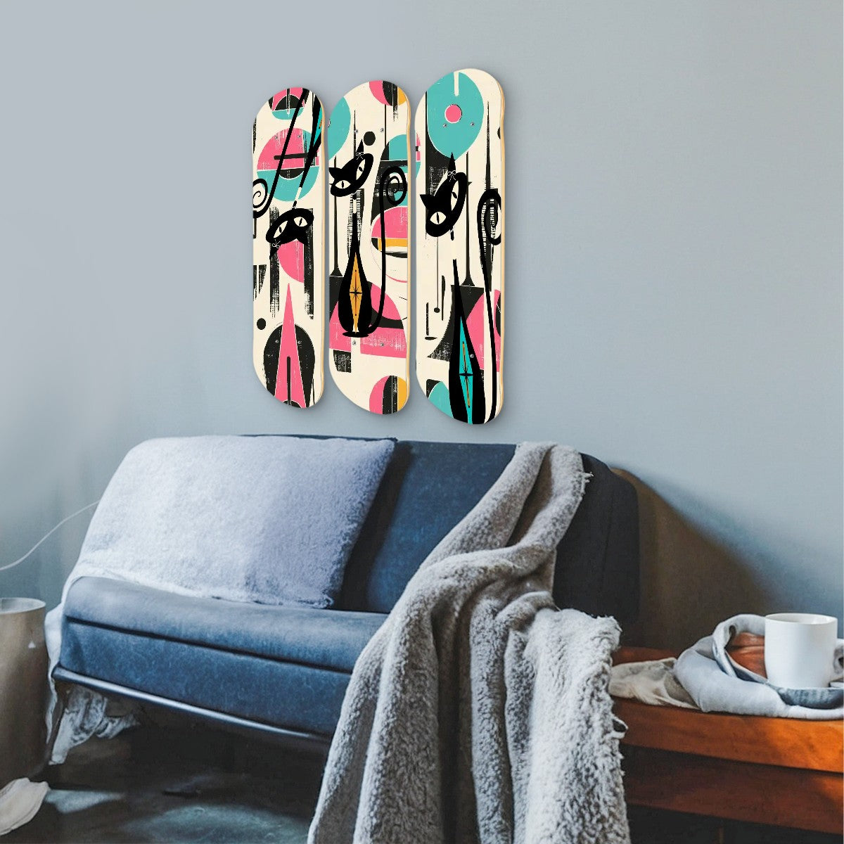 Atomic Cat Mid Century Modern Wall Art, 3 Panels Wood Skateboard, Retro Geometric Abstract Decor