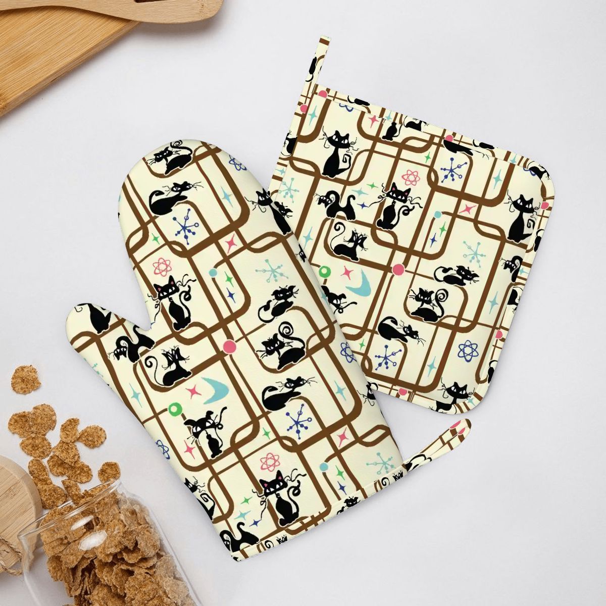Atomic Cat Mid Century Modern Retro Oven Mitt Pot Holder Set (Right)