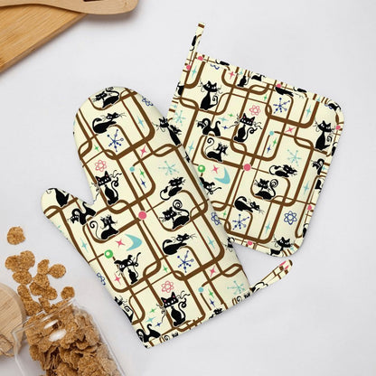 Atomic Cat Mid Century Modern Retro Oven Mitt Pot Holder Set (Right)