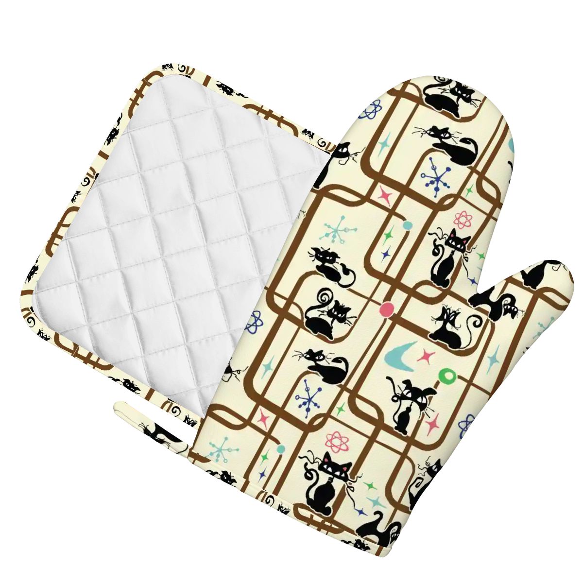 Atomic Cat Mid Century Modern Retro Oven Mitt Pot Holder Set (Left)