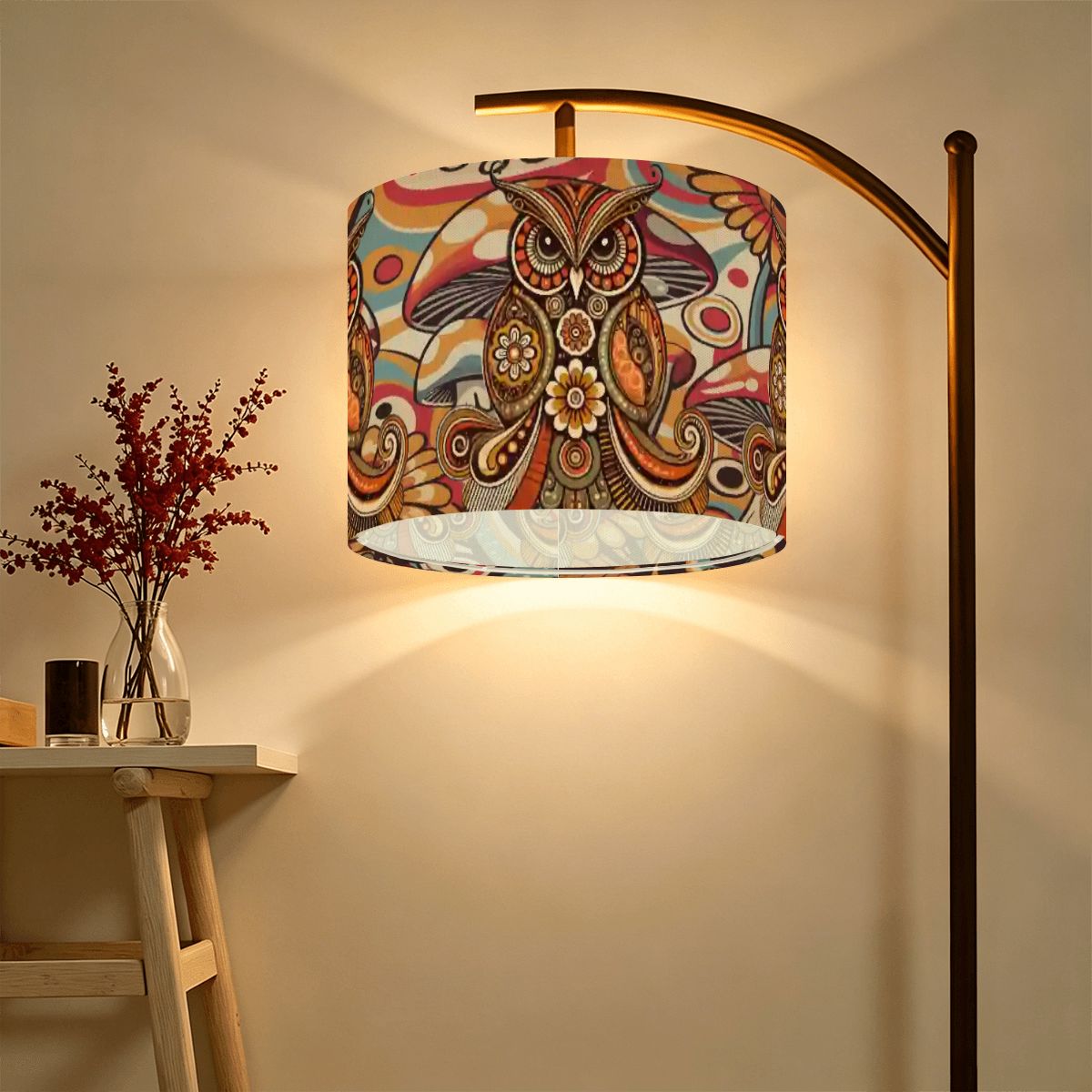 Retro Psychedelic Owl 70s Lampshade, Boho Mushroom Decor