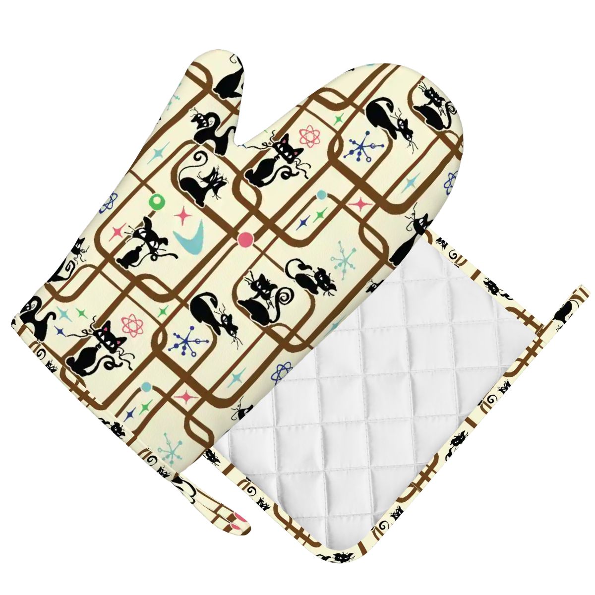Atomic Cat Mid Century Modern Retro Oven Mitt Pot Holder Set (Right)