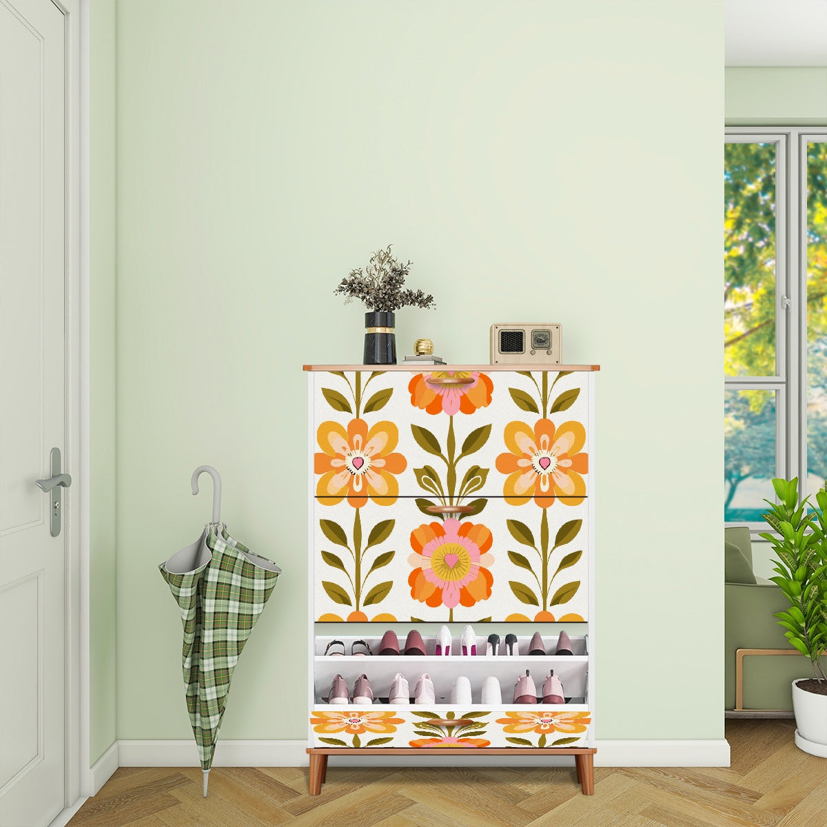 Scandinavian Mid Century Modern Shoe Cabinet, Danish Floral Mudroom Organizer, Retro MCM Entryway Storage