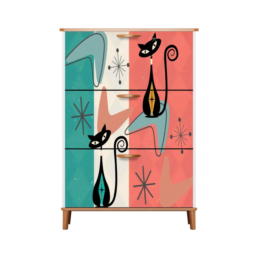 Atomic Kitschy Cat Shoe Organizer, Retro Mid Century Cabinet, Teal Coral Boomerang Starburst, Quirky MCM Storage Unit