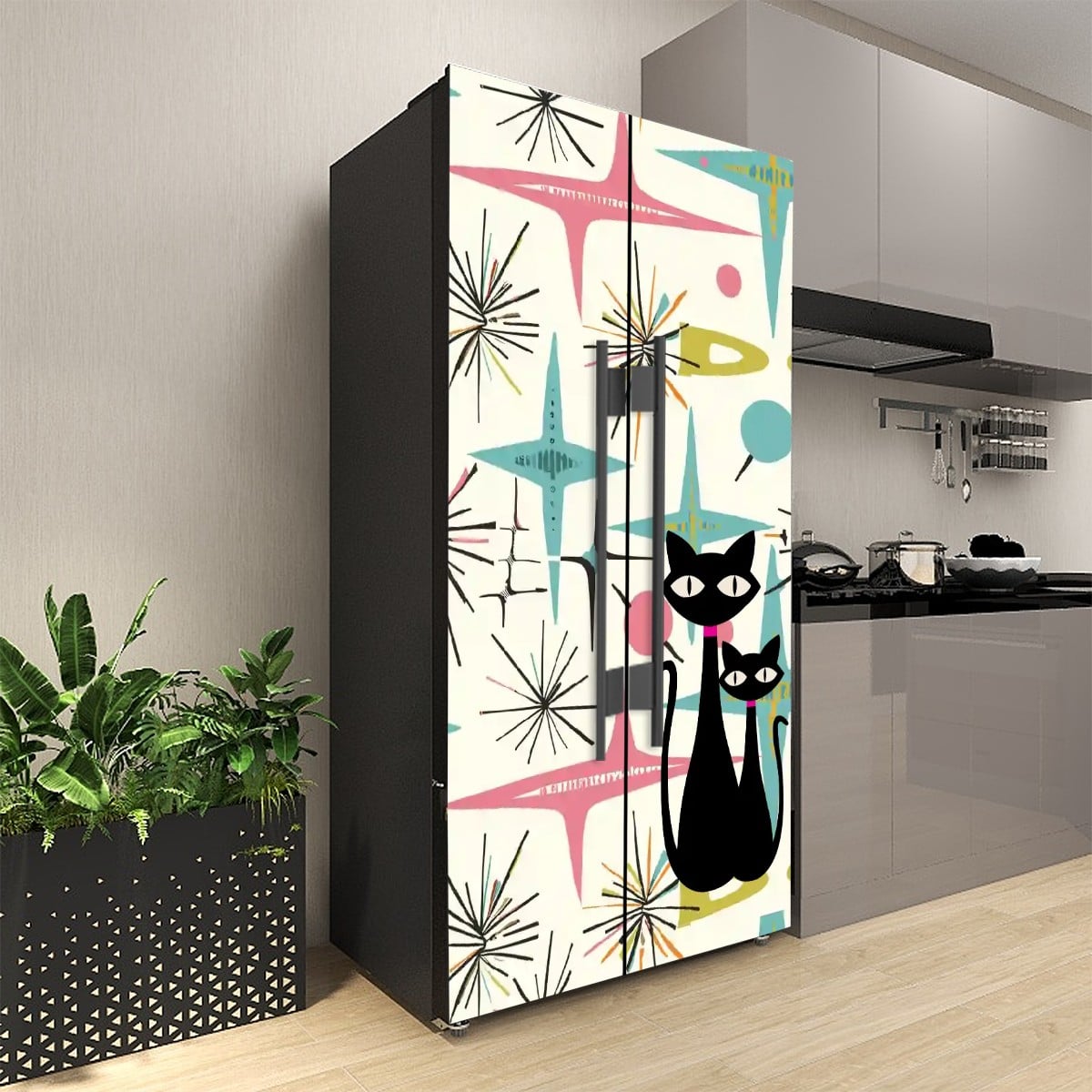 Retro Atomic Cat Starburst Mid Century Modern Refrigerator Wrap