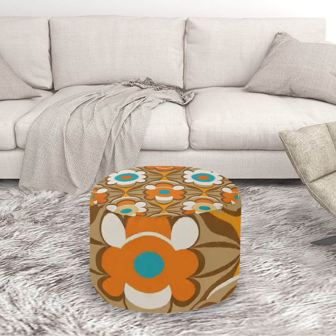 Retro Flower Power Round Ottoman, 60s Mid Century Modern Pouf, Vintage Orange and Turquoise Accent Furniture, MCM Floral Boho Footstool