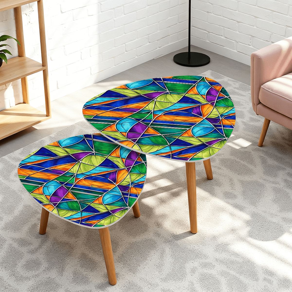 Mid Century Modern Faux Stained Glass Retro Nesting Tables