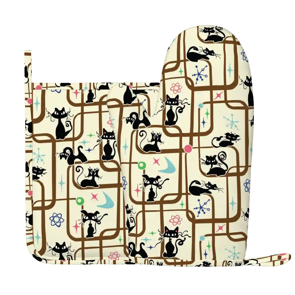Atomic Cat Mid Century Modern Retro Oven Mitt Pot Holder Set (Right)