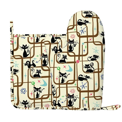 Atomic Cat Mid Century Modern Retro Oven Mitt Pot Holder Set (Right)