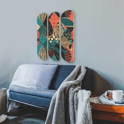 Scandinavian Danish Modern 3 Panels Wood Skateboard Wall Art, Mid Century Retro Floral Decor