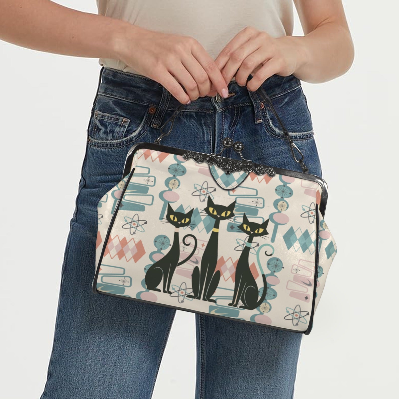 Atomic Cat Retro Mid Century Modern Starburst 50s Kiss Lock Bag