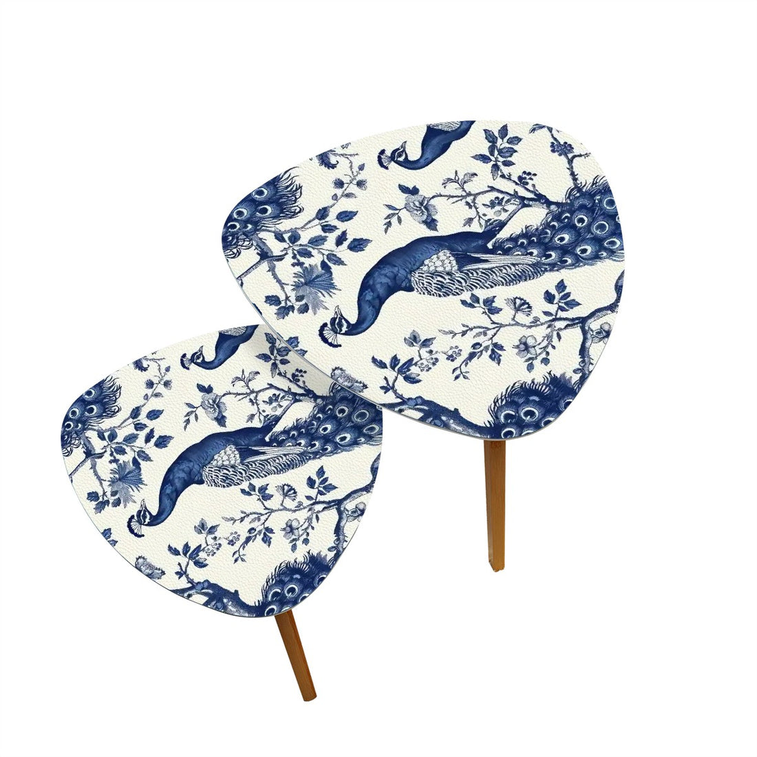 Chinoiserie Peacock Accent Tables, Blue and White Floral Decor, Elegant Nesting Coffee Tables