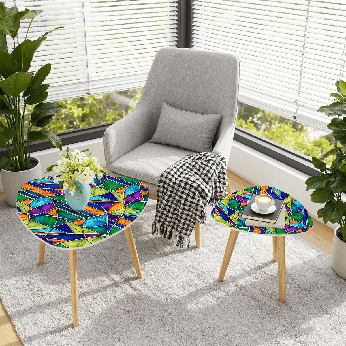 Mid Century Modern Faux Stained Glass Retro Nesting Tables
