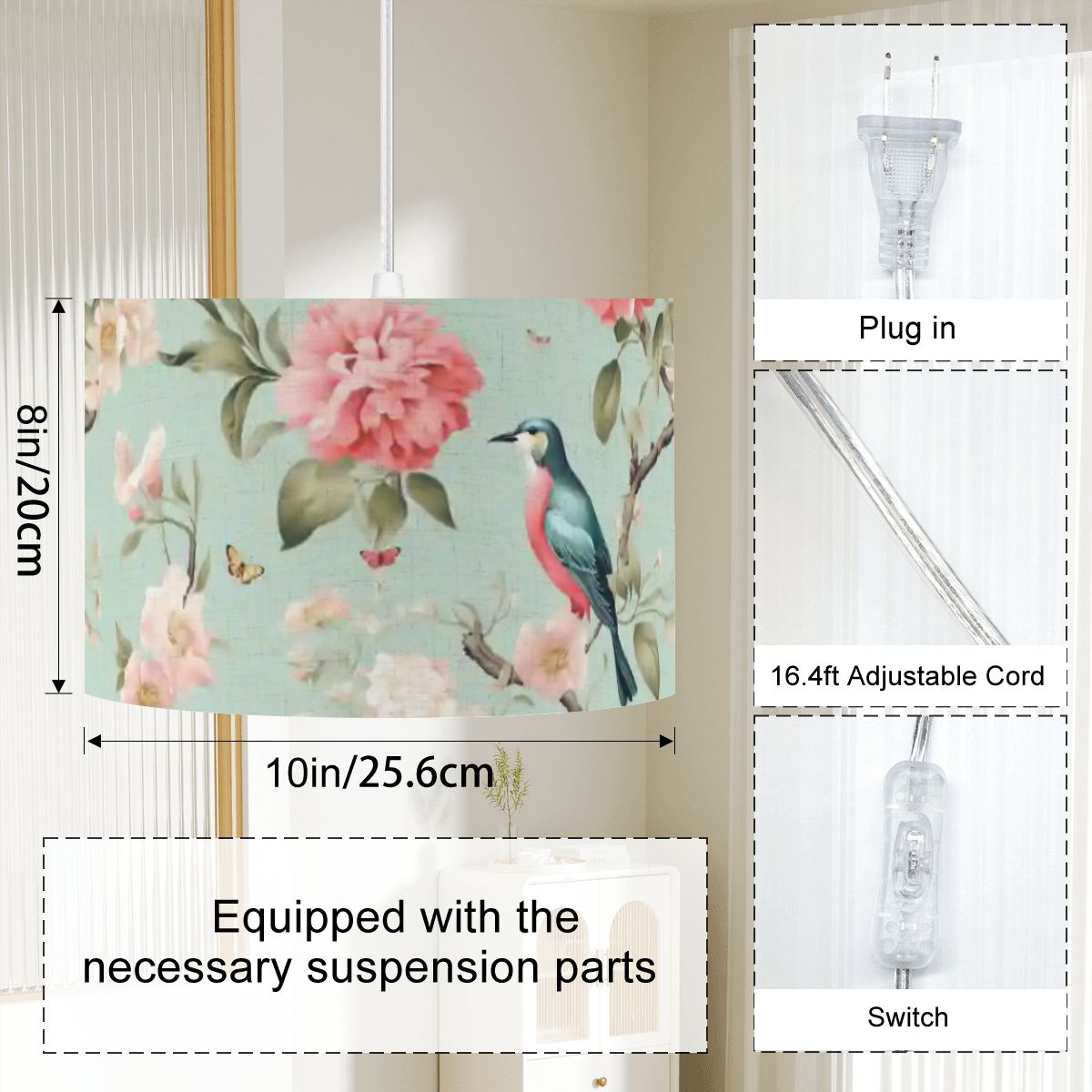Chinoiserie Bird and Peony Ceiling Pendant Lamp, Hanging Light