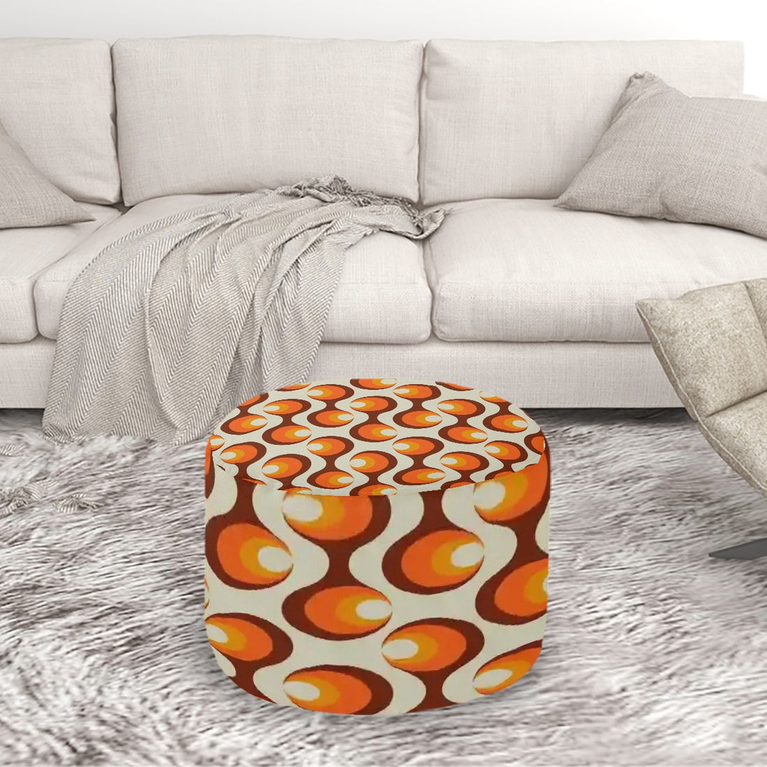 Retro Mod Orange Orb Ottoman, 60s Style Boho Chic Pouf, Mid Century Modern MCM Living Room Decor, Vintage Geometric Pattern Footstool