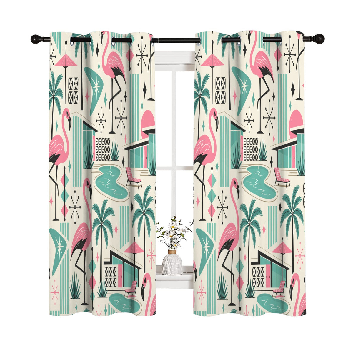 Palm Springs Flamingo Mid Century Modern Grommet Curtain Panels