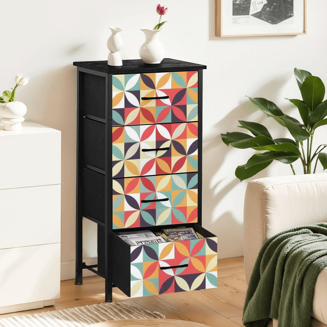 Mid Century Modern Retro Kaleidoscope Pinwheel 4 Drawer Dresser