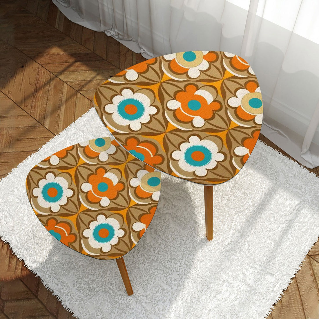 Retro Mod Flower Power Nesting Tables, Mid Century Modern Vintage 60s Orange, Turquoise Coffee Table