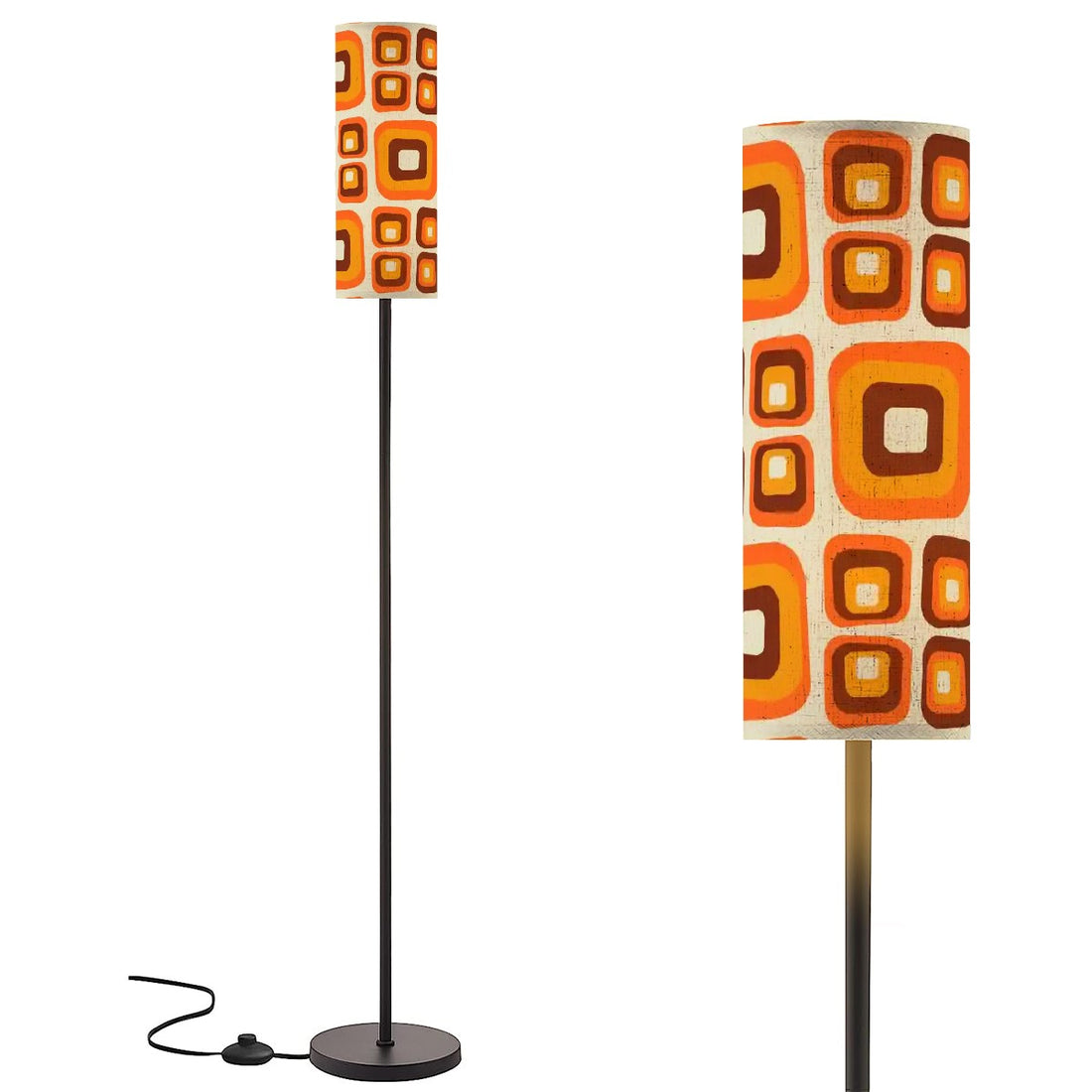 Mid Century Modern Cylindrical Floor Lamp, Retro Geometric Square Shades, 70s Groovy Accent Lighting