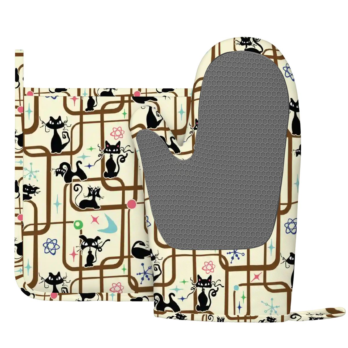 Atomic Cat Mid Century Modern Retro Oven Mitt Pot Holder Set (Left)