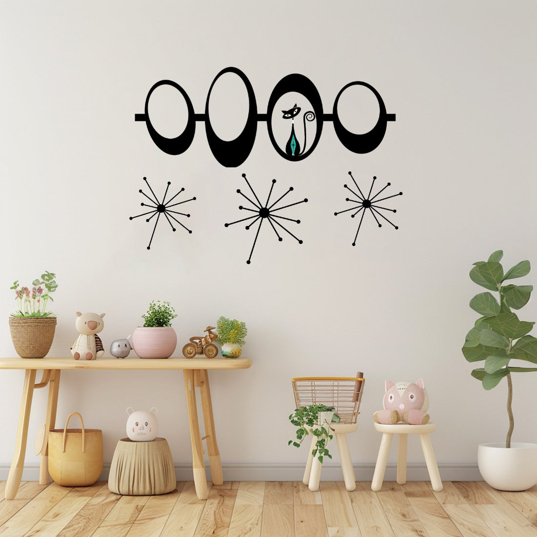 Atomic Cat Mid Century Modern Vinyl Wall Decals, Retro Orbs Starburst Wall Decor, Peel And Stick MCM Stickers