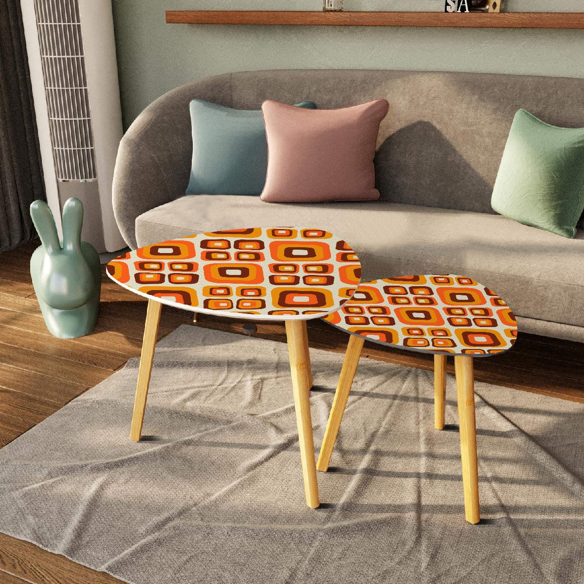 Retro Orange Brown Geometric Nesting Tables, Mid Century Modern Coffee Tables, 60s 70s Vintage Accent Furniture