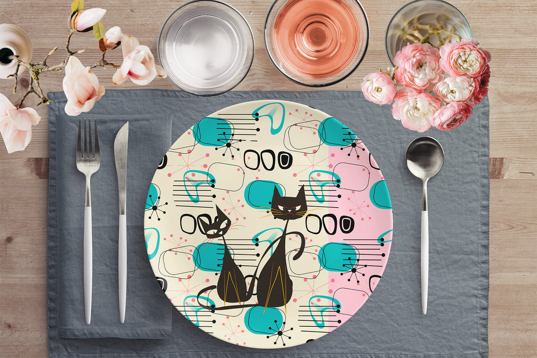 Retro Atomic Cat Mid Century Modern Dinner Plate, MCM Pink, Turquoise Black Geometric Starburst Dinnerware