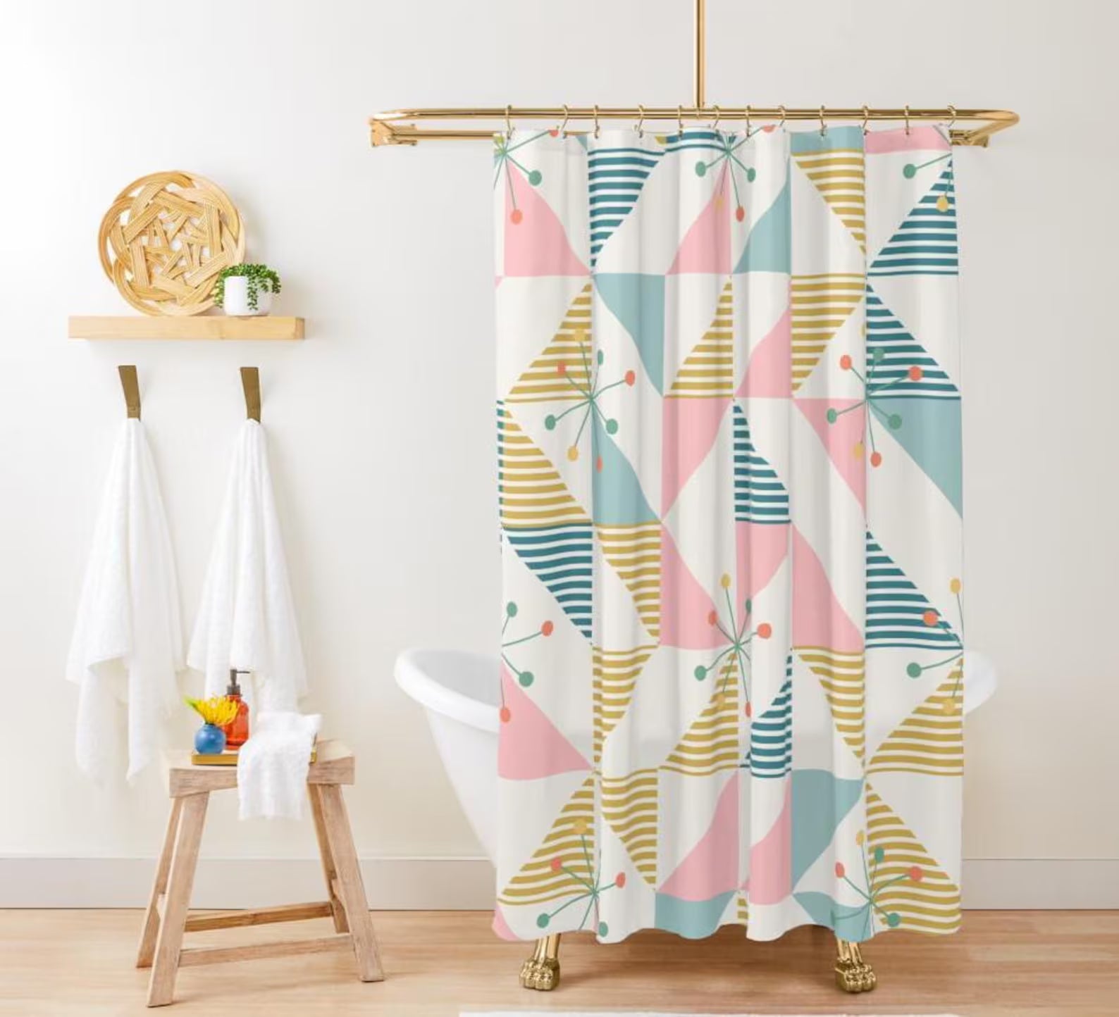 Mid Century Geometric Pattern Shower Curtain | Retro Atomic Starburst Bath Decor