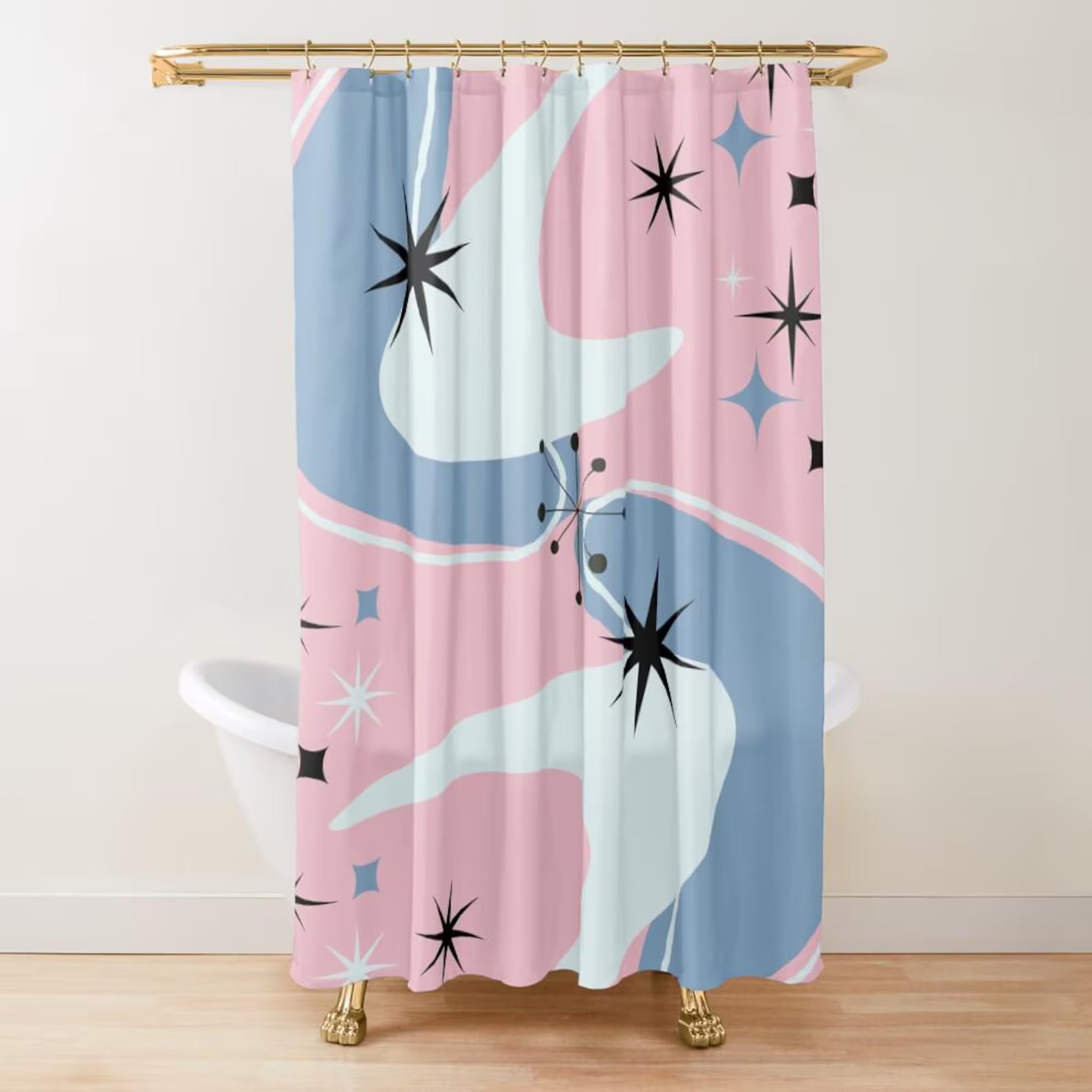 Mid Mod Retro Atomic Boomerang Starburst Pink Shower Curtain
