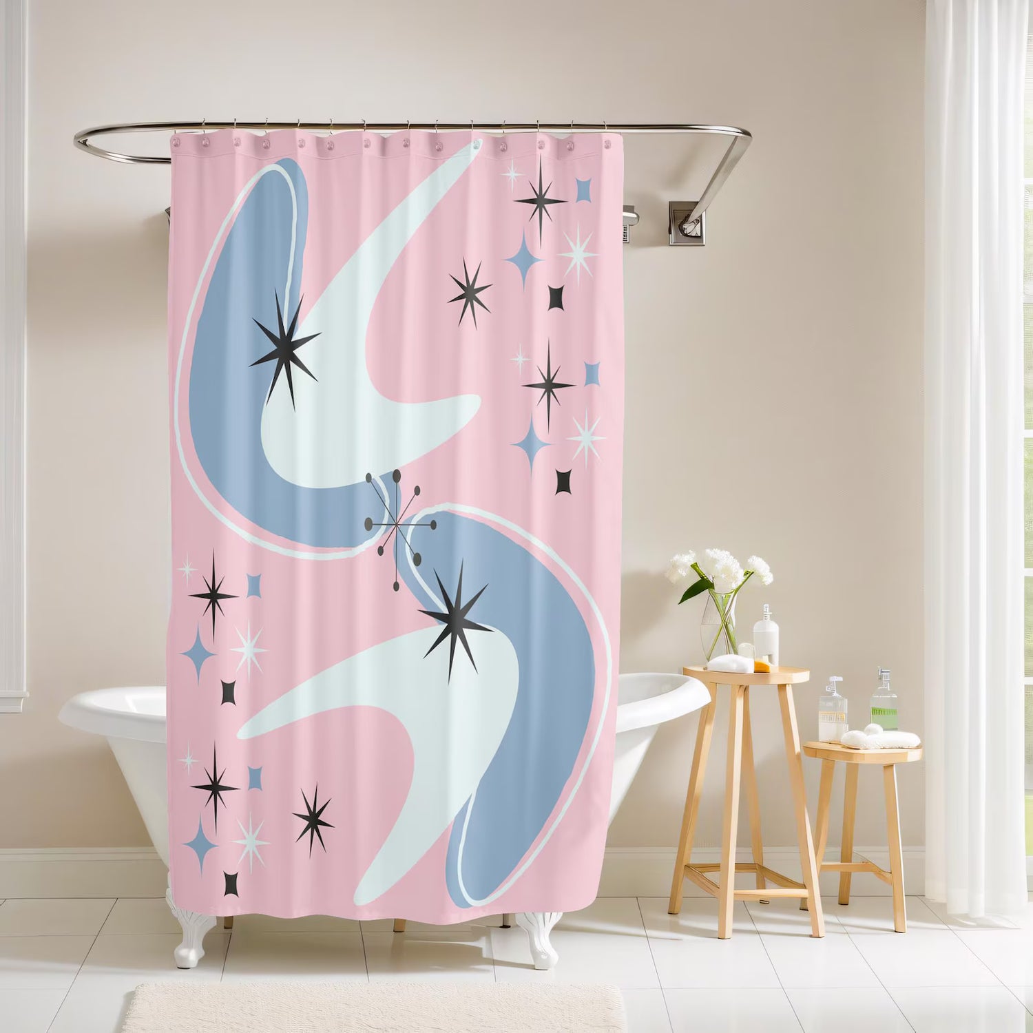Mid Mod Retro Atomic Boomerang Starburst Pink Shower Curtain