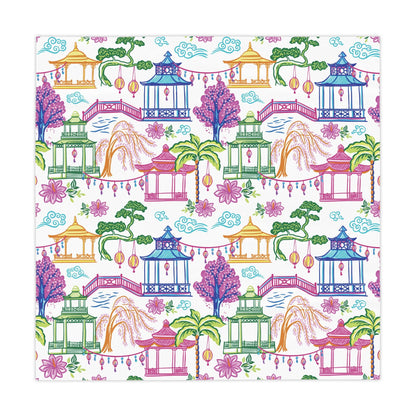 Chinoiserie Pagoda Lantern Tablecloth, Colorful Asian Garden Dining Linen