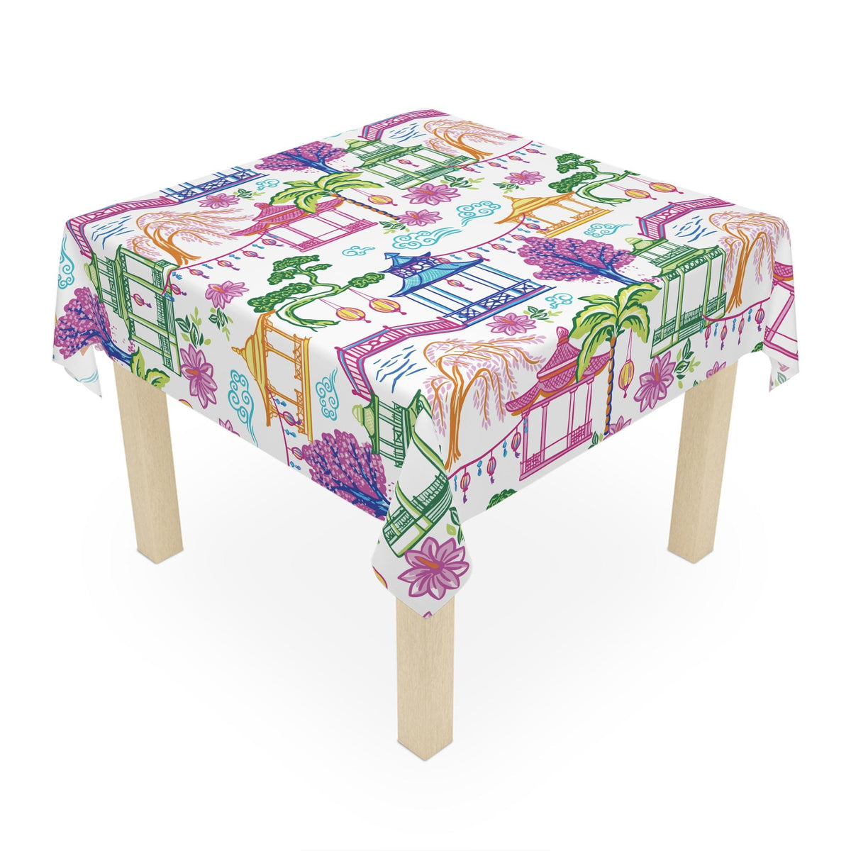 Chinoiserie Pagoda Lantern Tablecloth, Colorful Asian Garden Dining Linen