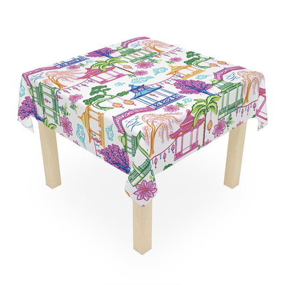 Chinoiserie Pagoda Lantern Tablecloth, Colorful Asian Garden Dining Linen