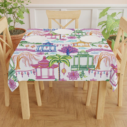 Chinoiserie Pagoda Lantern Tablecloth, Colorful Asian Garden Dining Linen