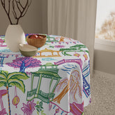 Chinoiserie Pagoda Lantern Tablecloth, Colorful Asian Garden Dining Linen