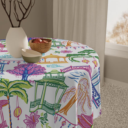 Chinoiserie Pagoda Lantern Tablecloth, Colorful Asian Garden Dining Linen