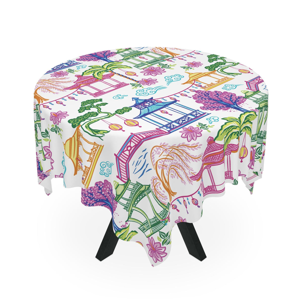 Chinoiserie Pagoda Lantern Tablecloth, Colorful Asian Garden Dining Linen