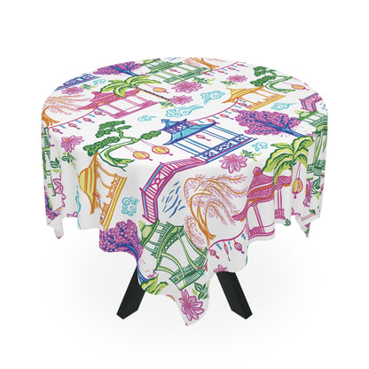 Chinoiserie Pagoda Lantern Tablecloth, Colorful Asian Garden Dining Linen