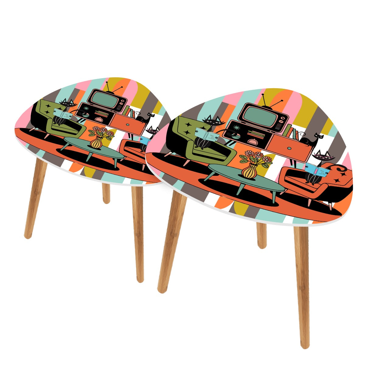 Atomic Cat Retro Nesting Tables, Mid Century Modern Striped Accent Furniture