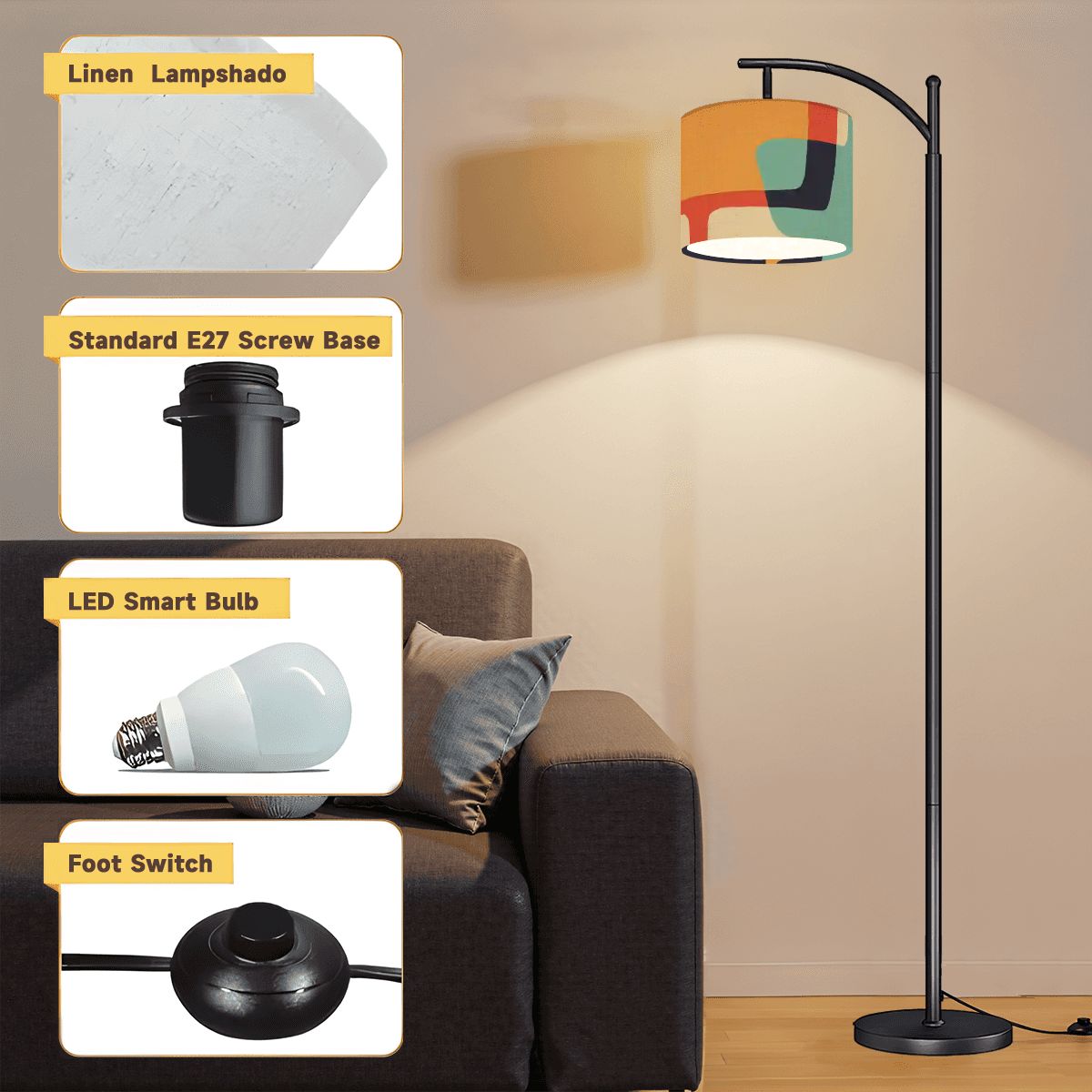 Mid Century Modern Abstrakte Stehlampe, 60er Jahre inspirierter geometrischer Schirm, Retro MCM Stehleuchte, Vintage Akzentbeleuchtung, Modernes Wohndekor