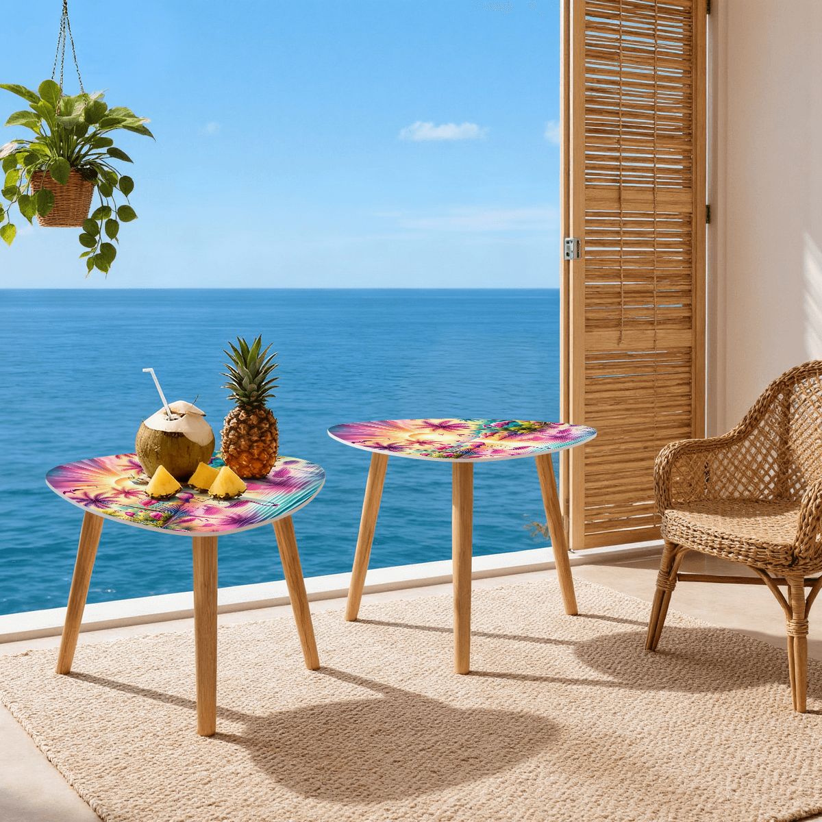 Tropical Flamingo Sunset Nesting Tables, Retro Coastal Living Room Accent, Mid Mod Beachy Coffee Table Set