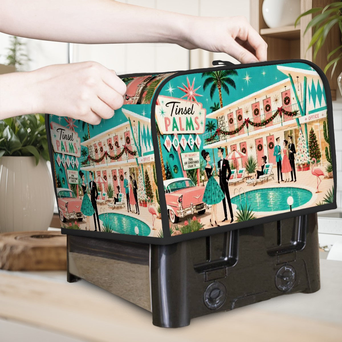 Palm Springs Mid Century Christmas Tinsel Palms Motel Toaster Cover